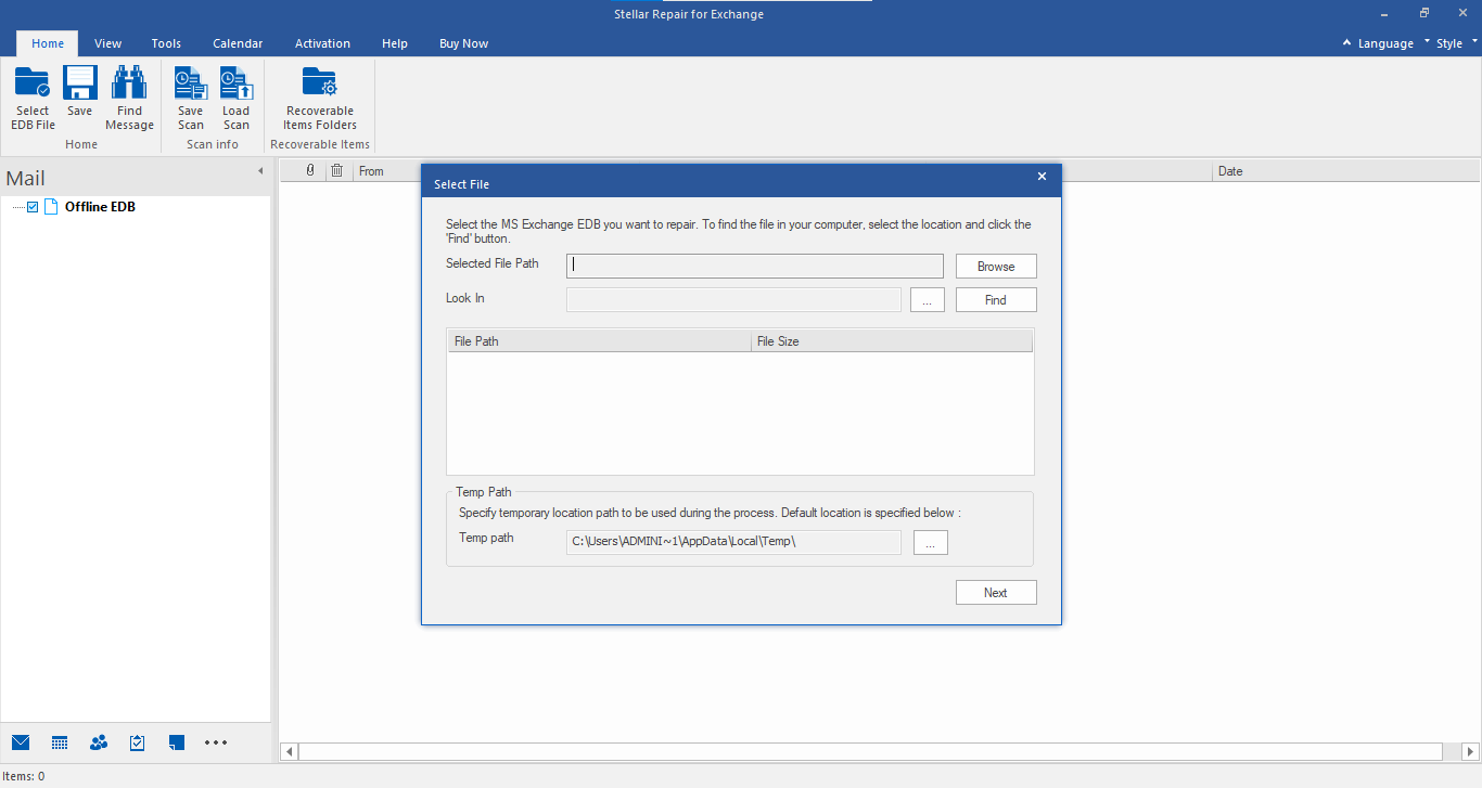 This is the home screen of Stellar Repair for Exchange software. Click Browse to select EDB file or click the 'Find' button if you don't know the location of the EDB file. Also, change the 'Temp Path' if the database size is large.